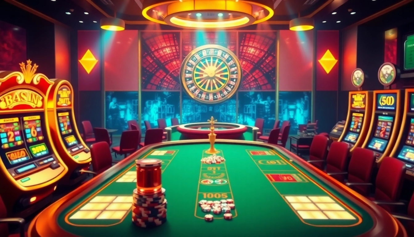 Ambiance de jeu excitante dans un casino en ligne avec des machines à sous et des tables de poker.