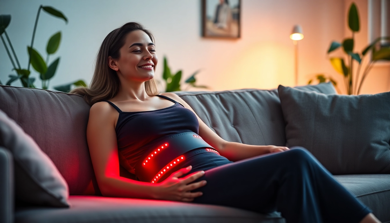 Woman using a red light therapy belt, emphasizing comfort and relaxation.