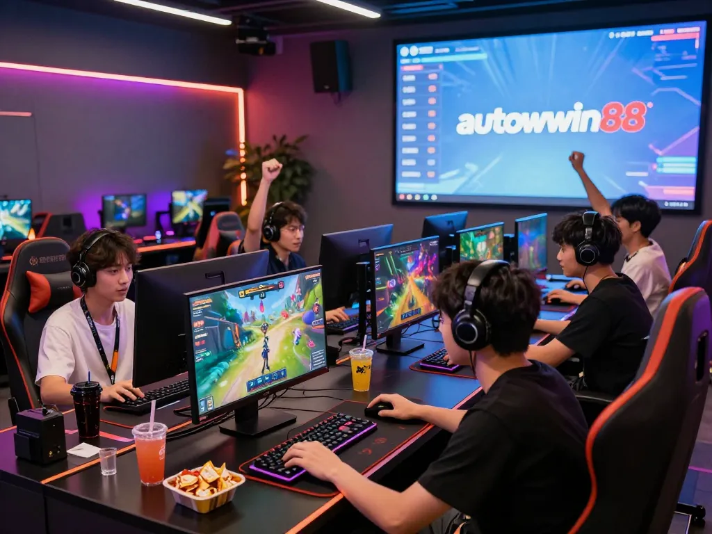 Players enjoying autowin88 games in high-tech gaming environment with vibrant lights and immersive screens.