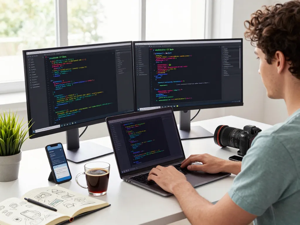 Developer focused on Android 17 Beta project in modern tech workspace