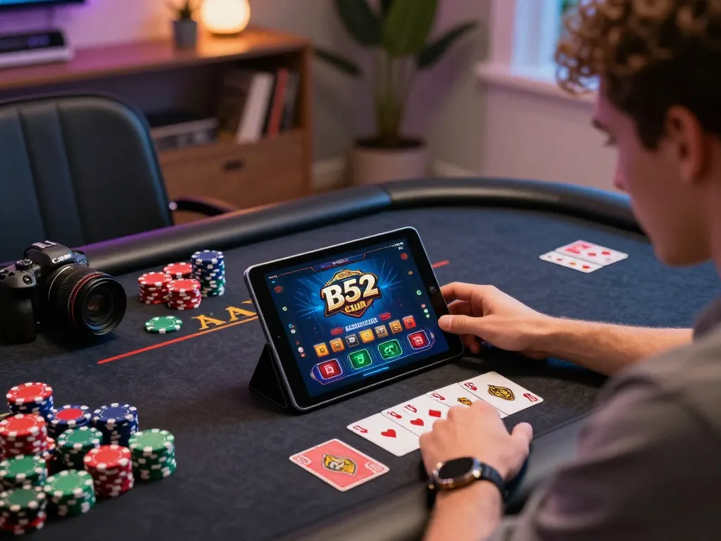 B52 Club player strategizing in engaging tablet game at stylish gaming setup