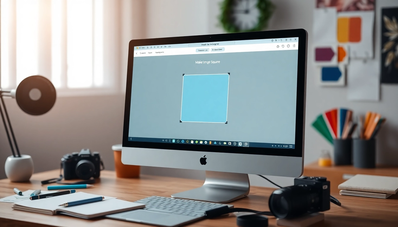Transform your images into perfect squares with the online "Make Image Square" tool on a computer screen.