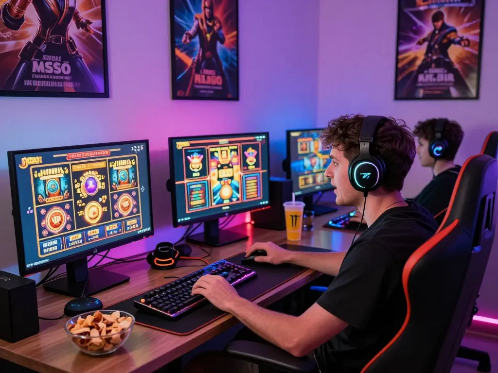 Gaming enthusiast at home enjoying vegasslot77 with vibrant screens and LED lights, showcasing an exciting online gaming atmosphere.