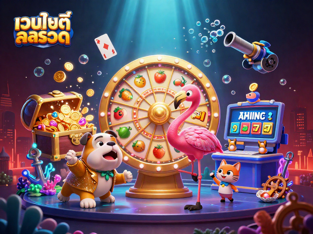 Engage with exciting เว็บไซต์สล็อต action featuring a dynamic game show scene with a flamingo host, bulldog contestant, and prizes.