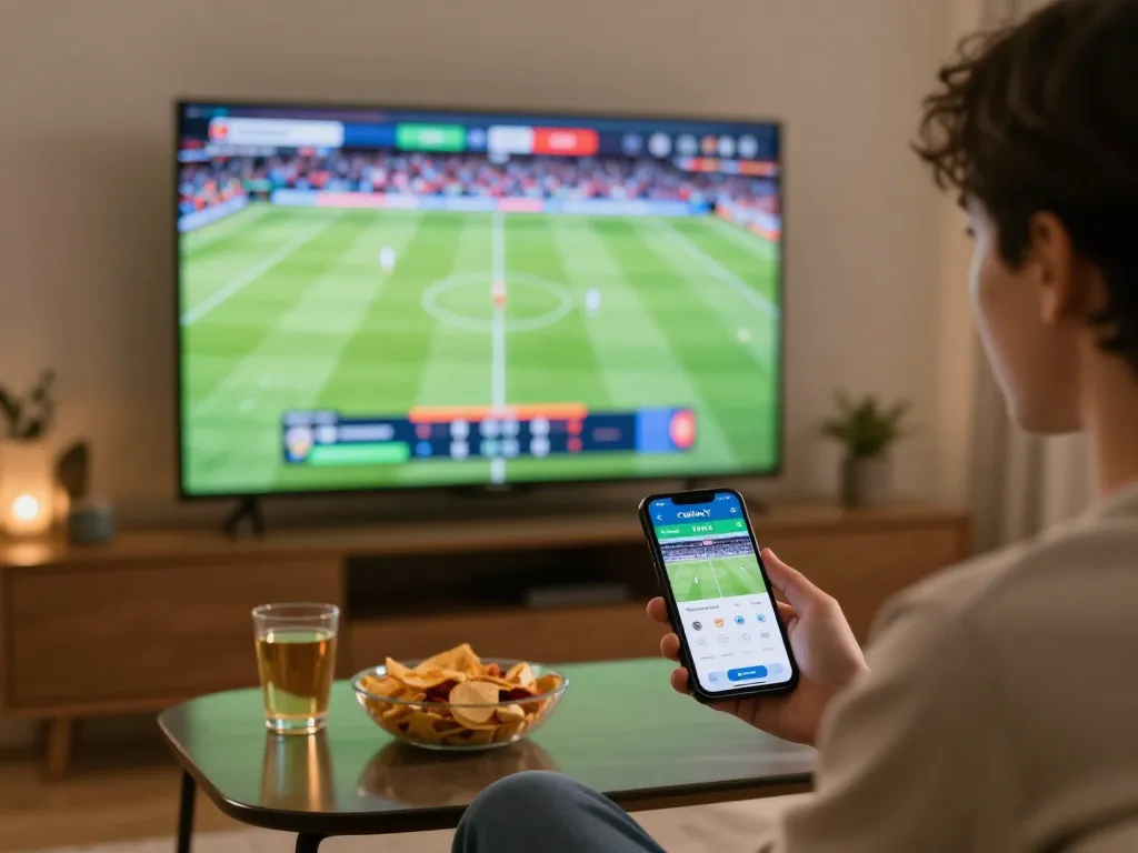 Cakhia TV user engaging with live football match on mobile device in a relaxed home setting.