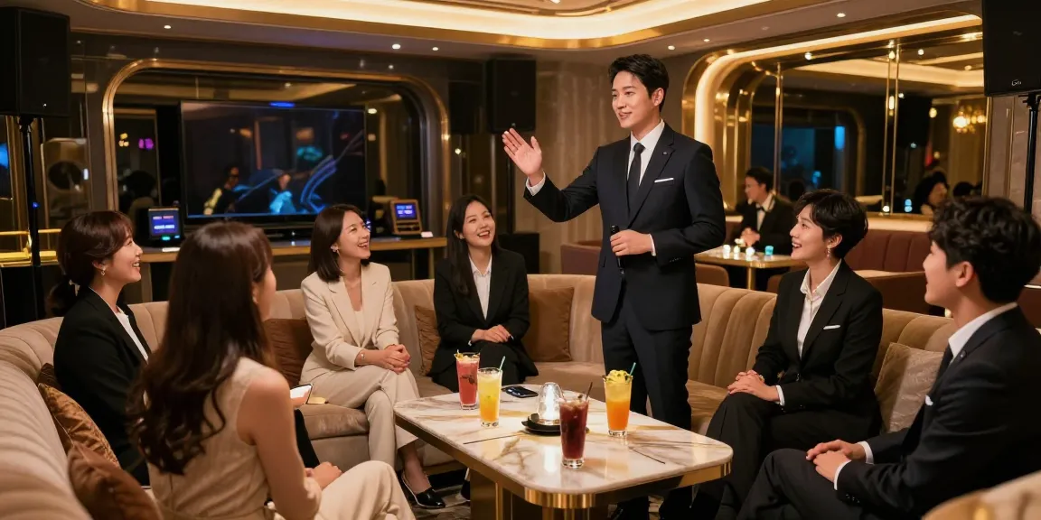 강남쩜오 고급 카라오케 바에서의 활기찬 장면, 전문 호스트와 손님들이 사교활동을 하는 모습