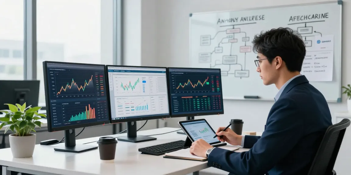 Dynamic office scene showcasing financial crime intelligence analysis with multiple monitors and an analyst in a contemporary workspace.