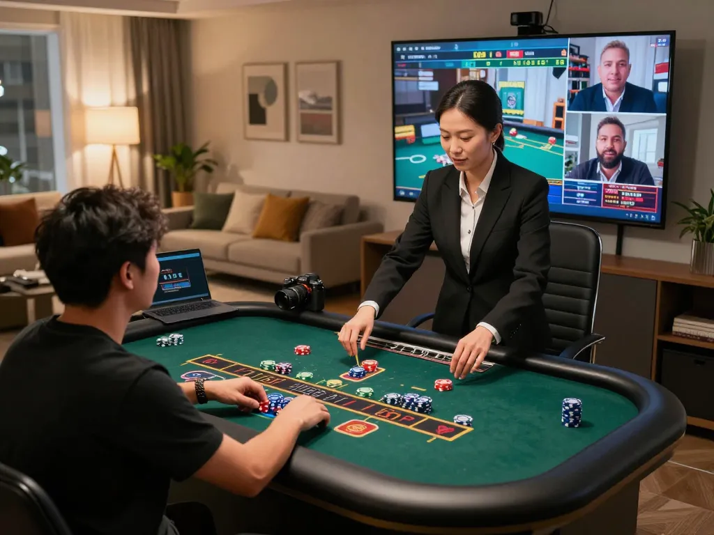Engaging online gaming session with fly88 dealer interacting via webcam in cozy home setting