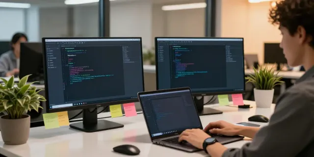 Developer using https://notepad-app.co/ in a vibrant tech workspace with dual monitors.