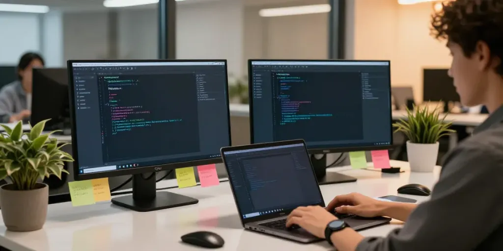Developer using https://notepad-app.co/ in a vibrant tech workspace with dual monitors.