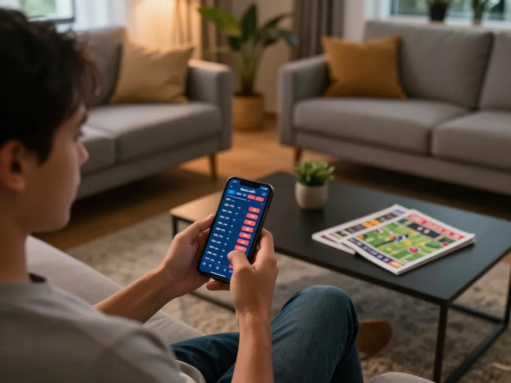 Okwintv user engaging with mobile sports betting application, showcasing real-time odds and betting action