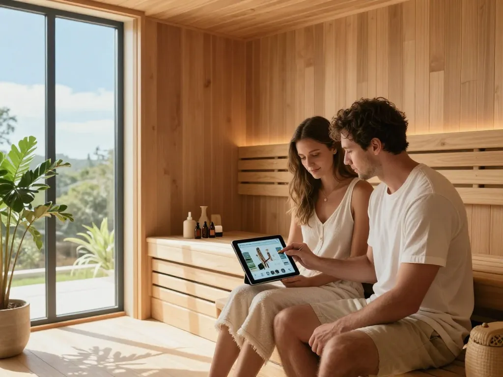 Couple engaged in sauna customization process with a 3D configurator, surrounded by materials and design elements.
