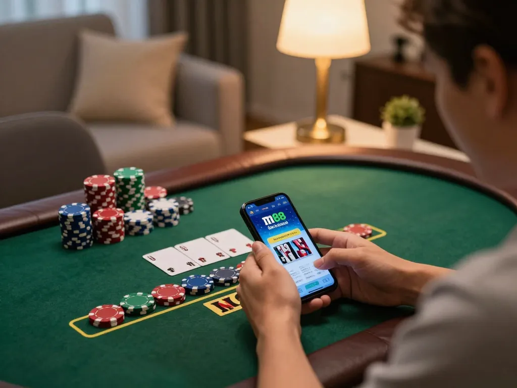 Người chơi hào hứng sử dụng m88 link mới nhất trên điện thoại thông minh để chơi blackjack trực tuyến trong không gian ấm cúng tại nhà