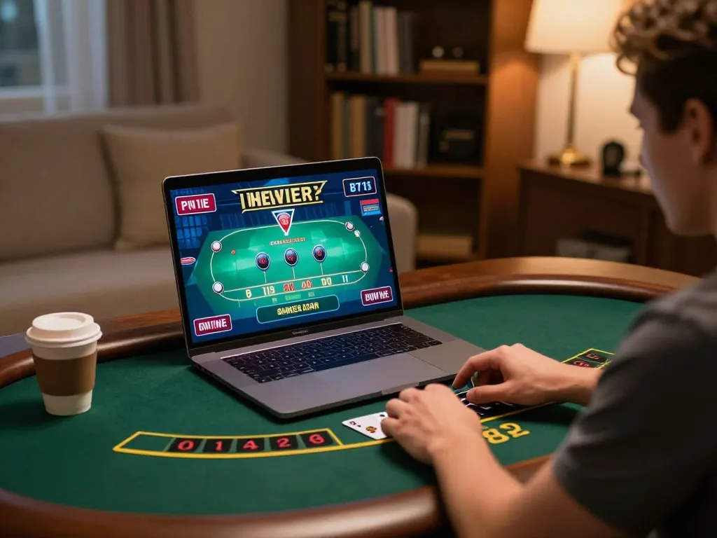 Player engaging with EE88 live dealer blackjack at home, showcasing a cozy online gaming setup.