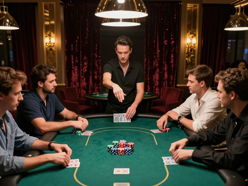 Engaged players strategizing their bets at an upscale poker table, showcasing the excitement of 88i