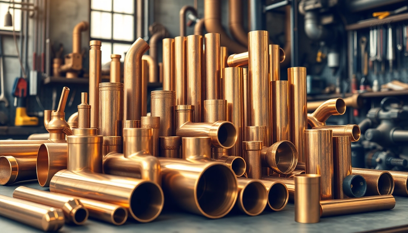 Tevi de alamă (Teava alama) expuse într-un mediu industrial cald, evidențiind textura metalică și strălucirea lor.