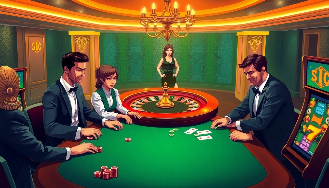 Participez à une expérience passionnante de casino en ligne avec des joueurs autour d'une table de poker dynamique et des machines à sous.