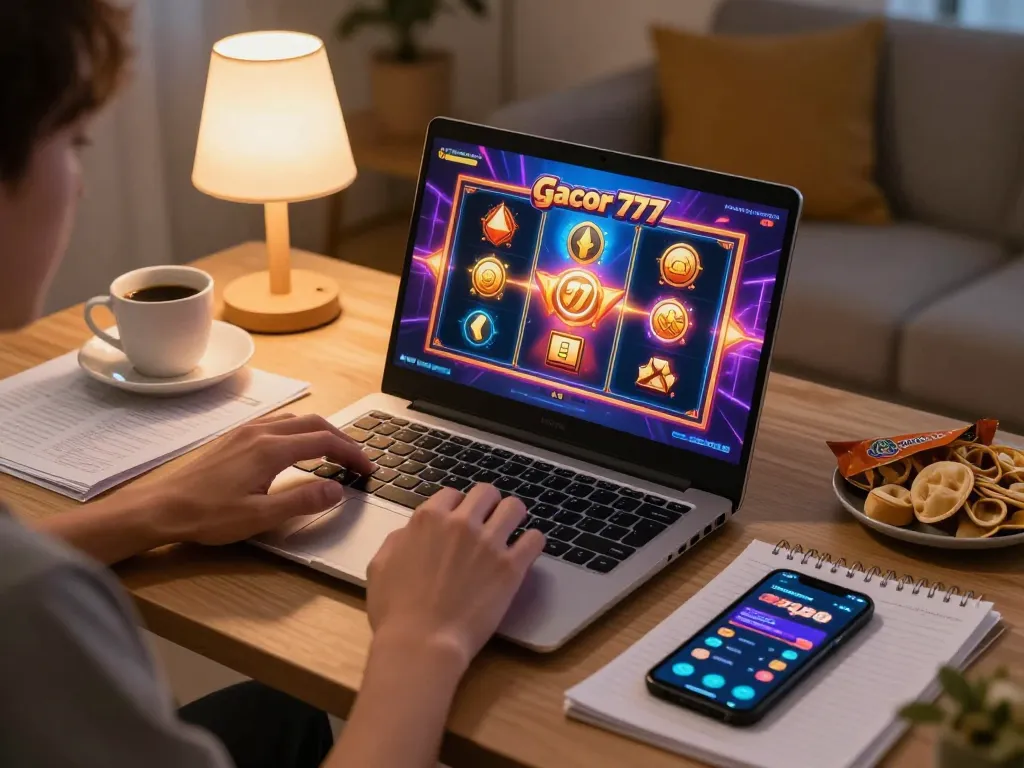 Engaging in slot gacor 777 online gaming from a cozy home setup with laptop and snacks.