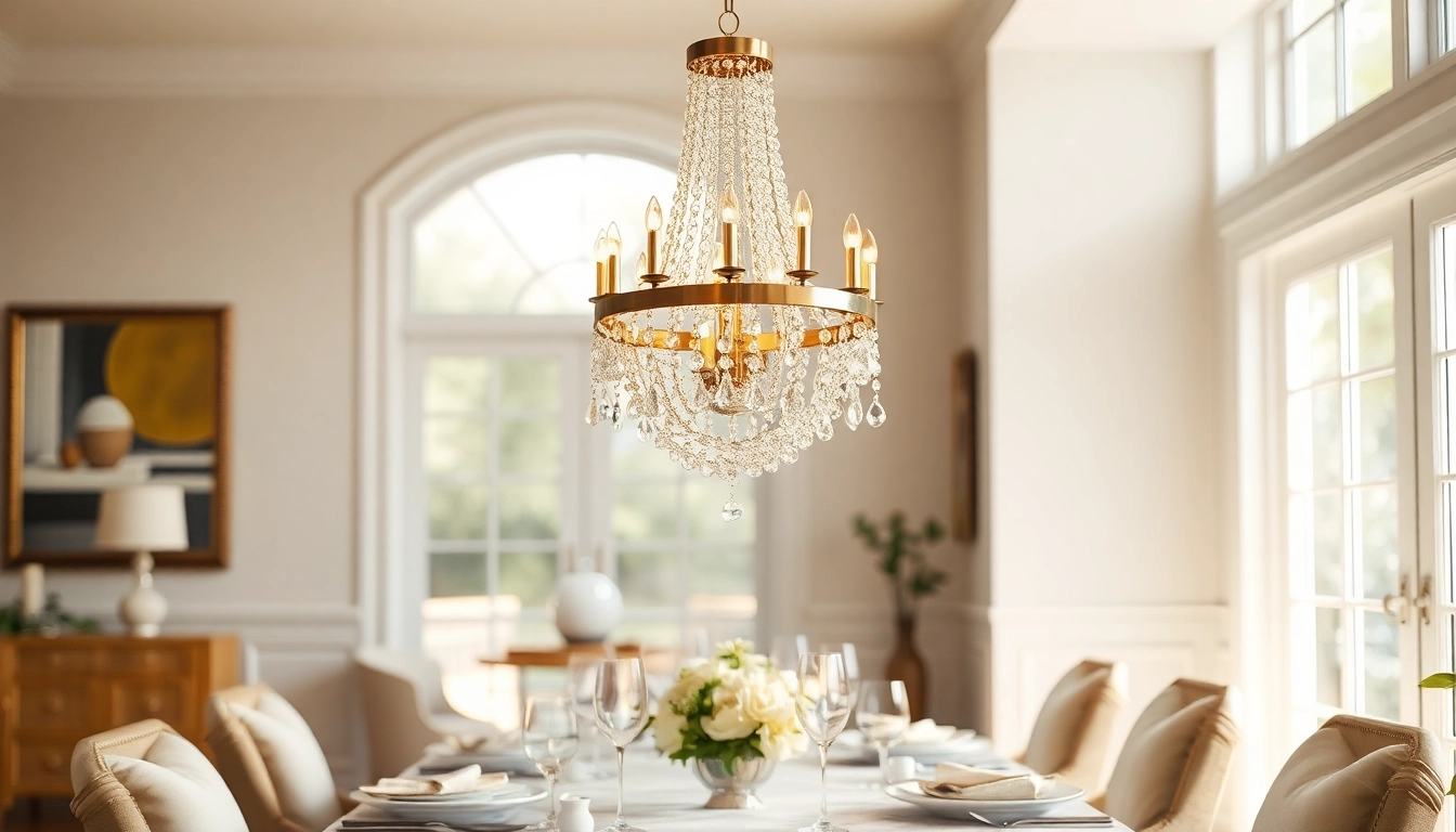 Stylish island chandelier illuminating an elegant dining room setup with warm colors.