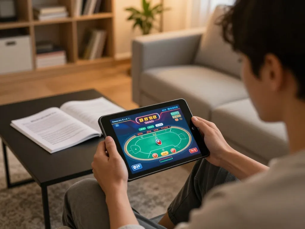 Bongdalu user engaging in online poker gaming on a tablet, showcasing a cozy home setting and strategic gaming atmosphere