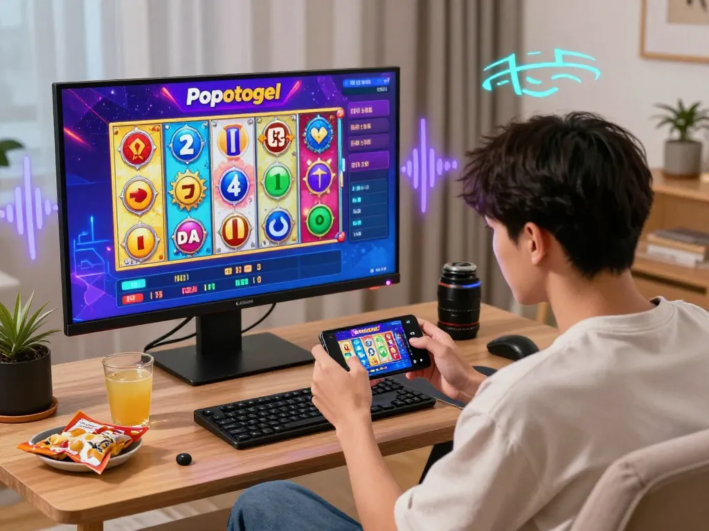 Engaged player on popotogel platform enjoying online gaming experience in a lively living room setting.