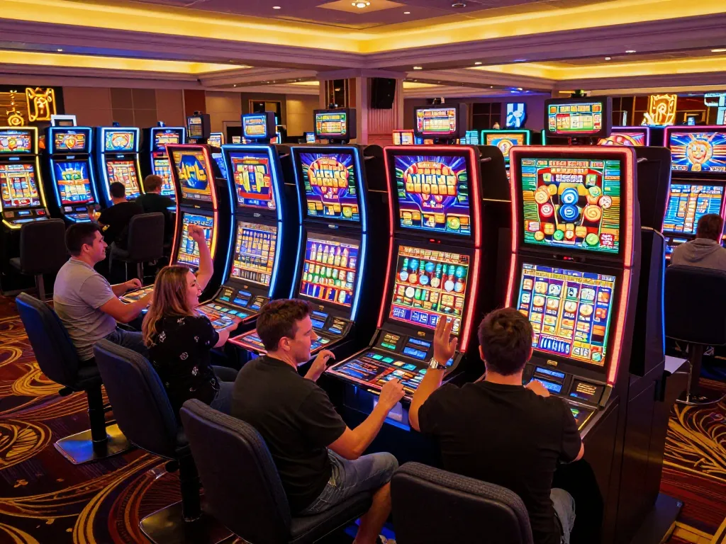Players enjoying various slot gacor games with colorful machines and vibrant casino atmosphere