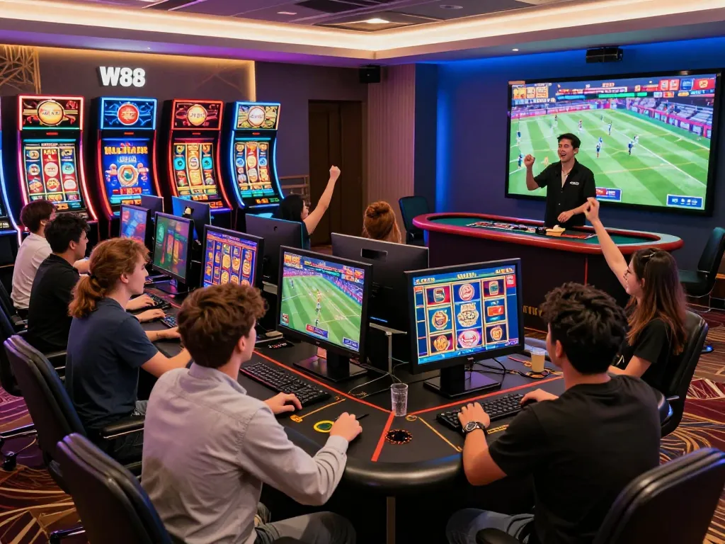 Engaging online gaming scene at https://w88.ca/ with players enjoying casino games and sports betting in a vibrant atmosphere.