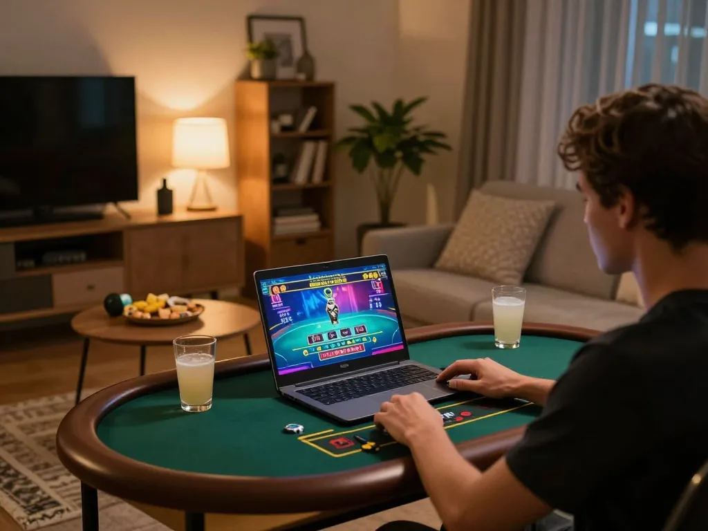 3Win player interacting with live dealer game on laptop in cozy home setup.