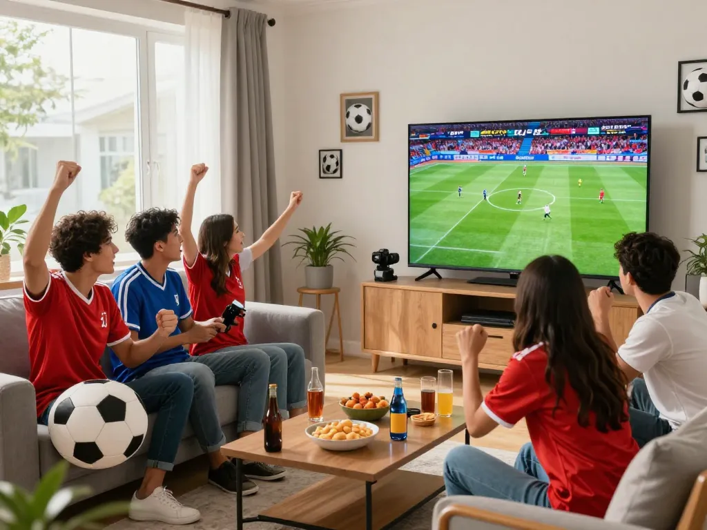 Friends watching a live football match on https://cakhiatvz.live/ in a vibrant living room, showcasing excitement and community.