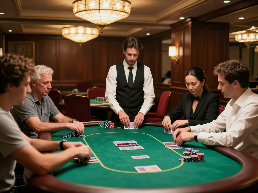 Players engaging in an intense poker game at VIPWIN casino under warm ambient lighting
