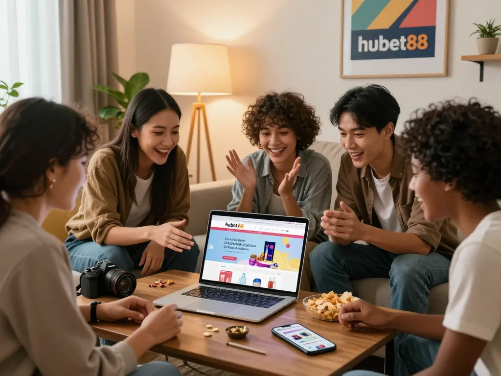 Diverse friends enjoying a cozy online shopping experience on hubet88's site.