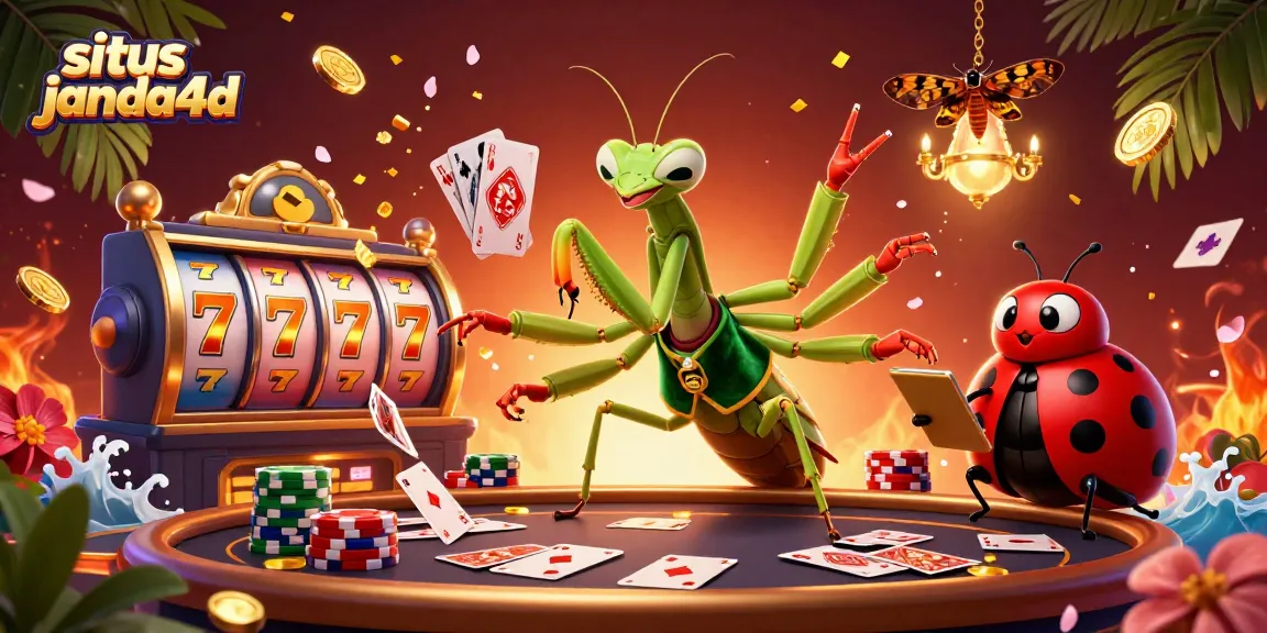 Ilustrasi kasino online situs janda4d dengan karakter unik dan elemen permainan yang dinamis.