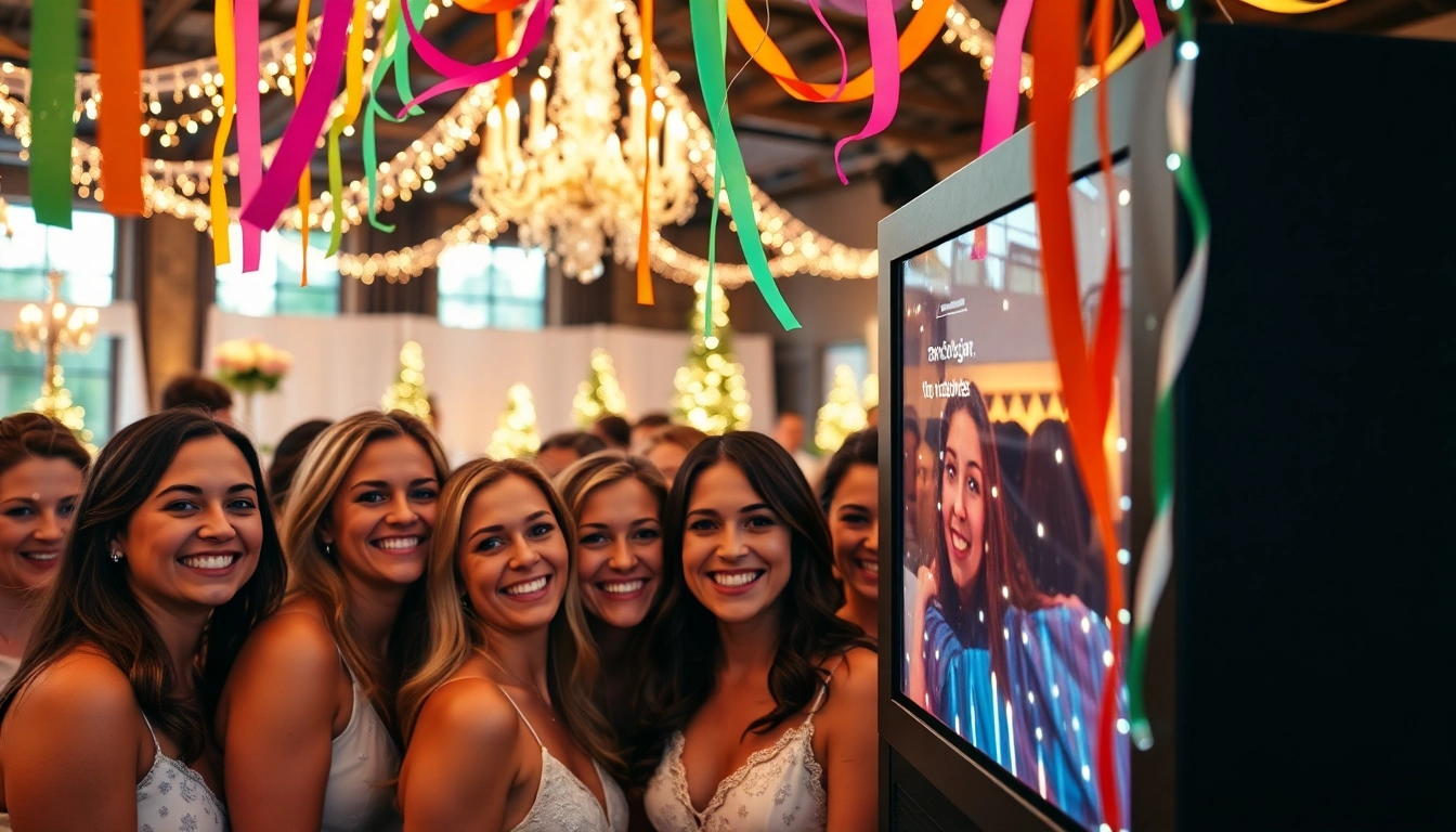 Guests enjoying a photo booth Chicago experience at a wedding reception full of festivity.