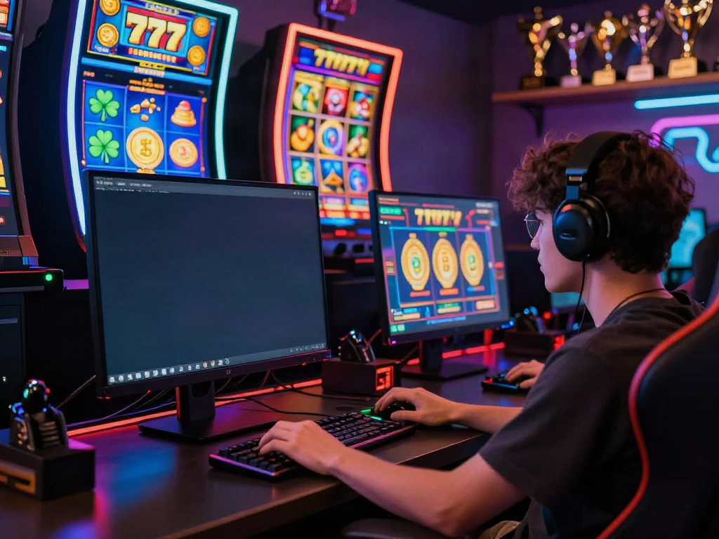 Seorang pemain slot777 terlibat dalam permainan slot online dengan tampilan grafis berwarna-warni di layar komputer.