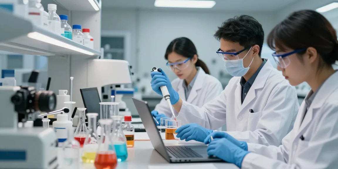 Laboratory chemicals supplier team analyzing reagents in a professional lab setting.