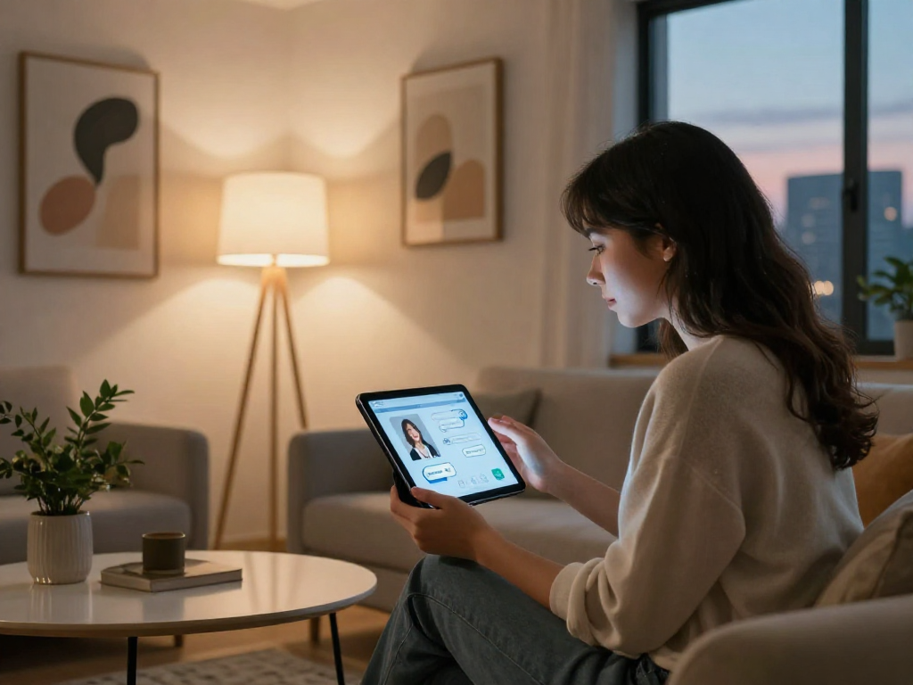 girlfriend ai interaction in a cozy living room setting with modern technology and ambiance