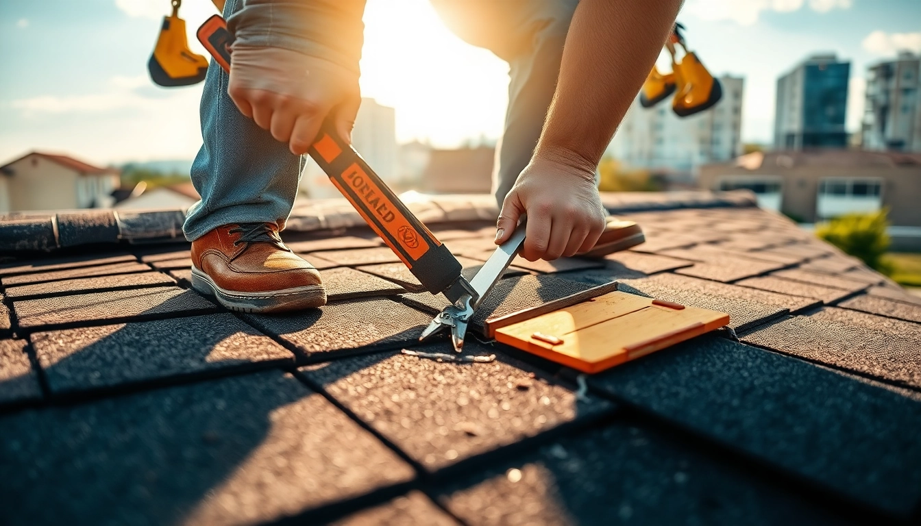 Roof repair expert assessing damage with tools, showcasing meticulous restoration.