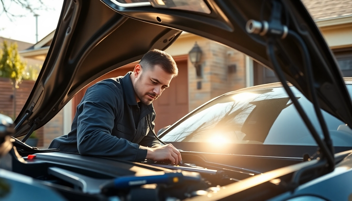 Expert mechanic performing mobile car repair on a sleek vehicle in an urban setting.