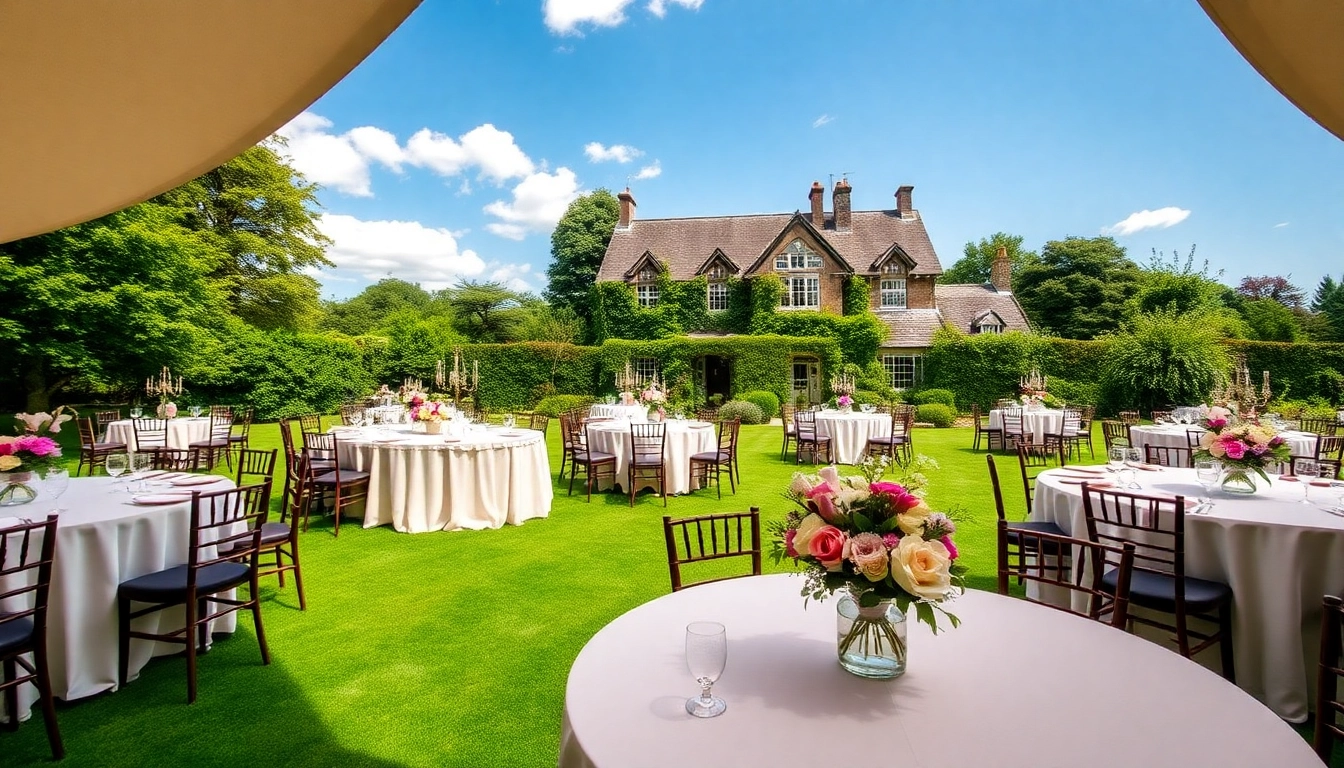 Capture the elegance of Stowe Venue Hire's outdoor event setup with tables and floral decor.