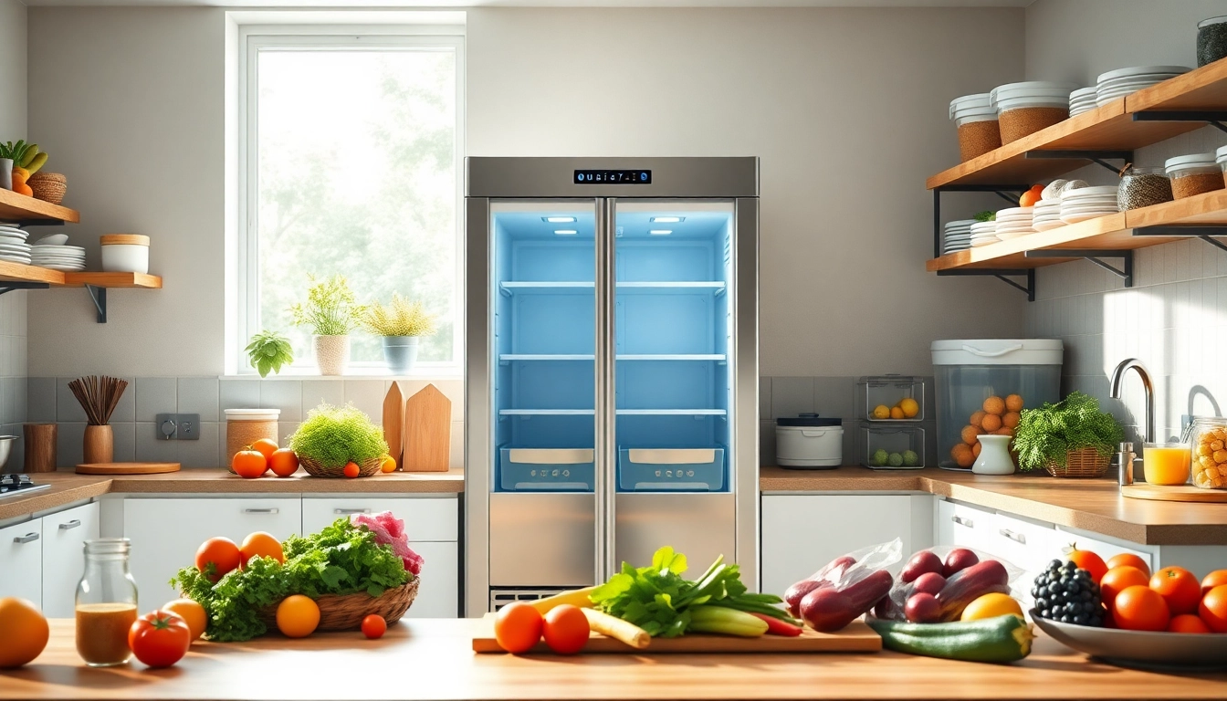 Showcasing a sleek modern Freezer filled with fresh foods in a bright kitchen.