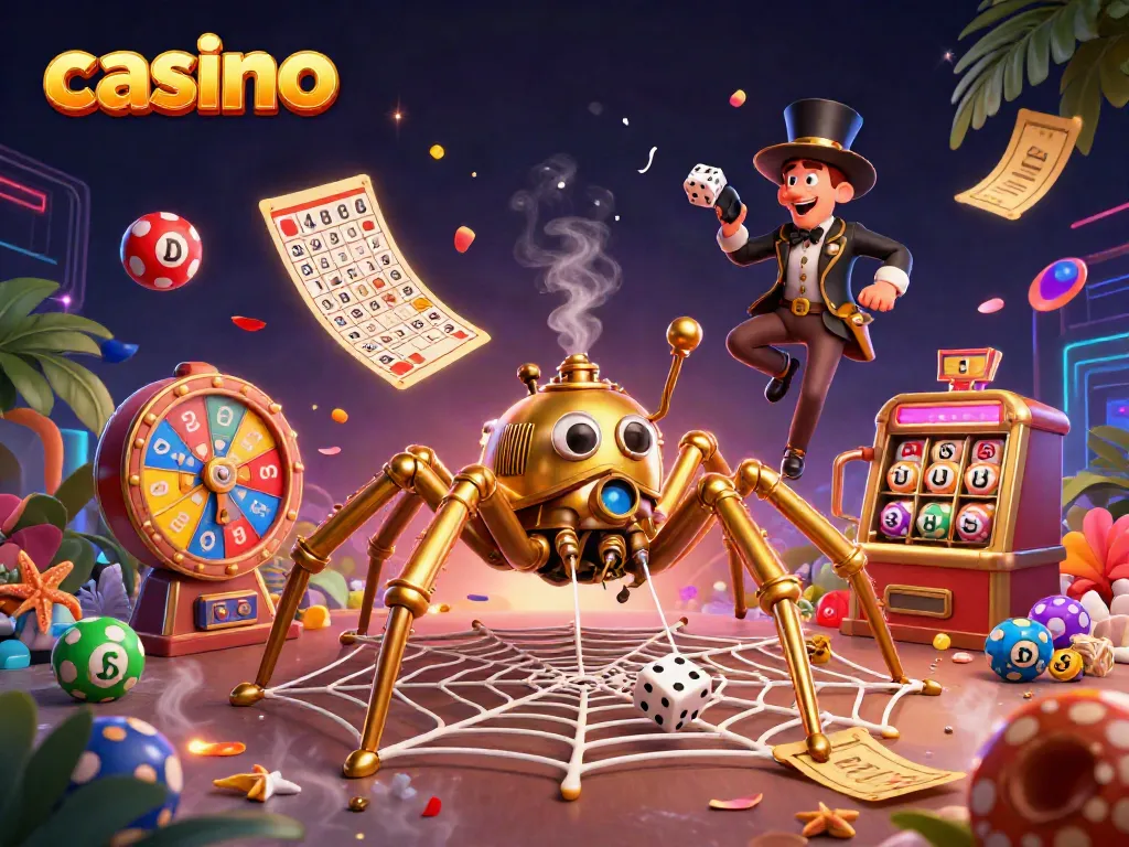 Engaging scene showcasing a steampunk spider and a fly in a vibrant casino-inspired setting, featuring various gambling elements.