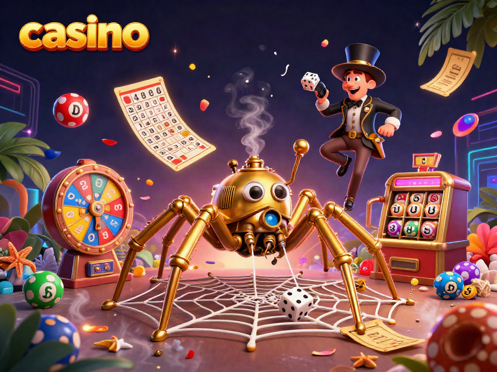Engaging scene showcasing a steampunk spider and a fly in a vibrant casino-inspired setting, featuring various gambling elements.