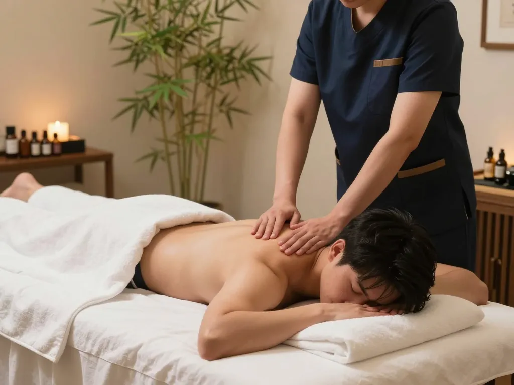 포항스웨디시 massage being performed in a calming spa environment with soothing decor and essential oils.