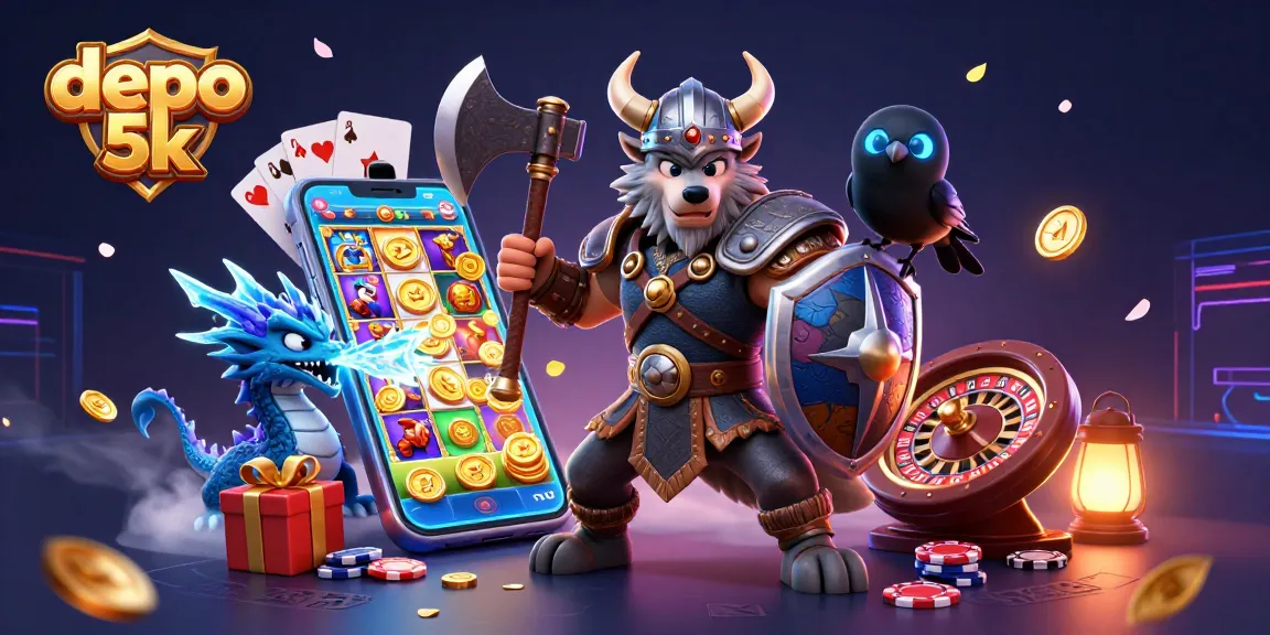 Engage in thrilling depo 5k slots as a Viking wolf warrior battles with icy dragon and raven, surrounded by vibrant casino elements.