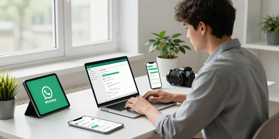 Experience WhatsApp下載 in a modern tech workspace with devices showcasing app features.
