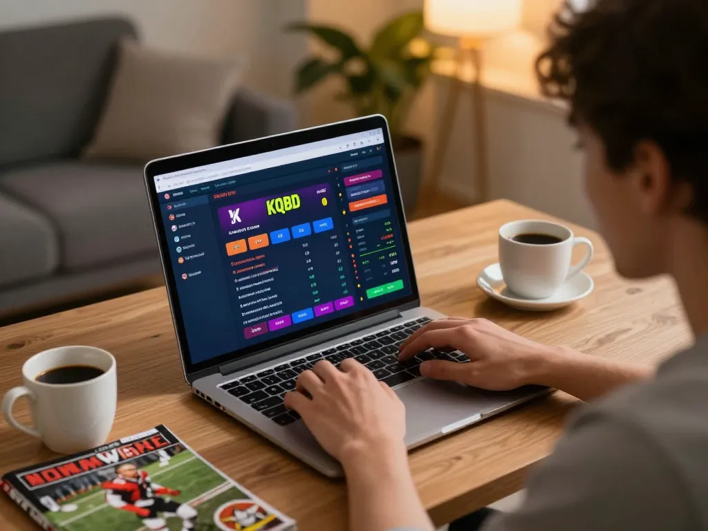 KQBD user engaging in sports betting at home on laptop with coffee and magazines