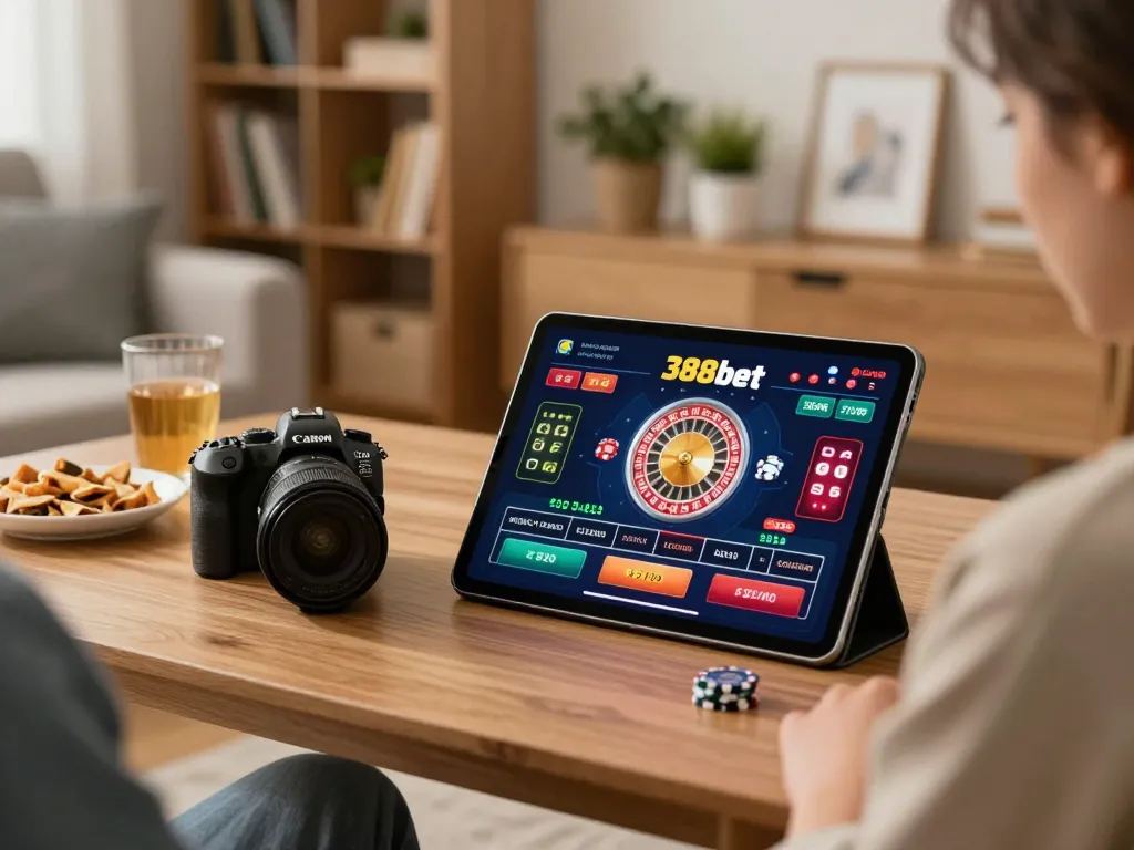 Engaging with the 388bet casino app at home, showing online roulette gameplay.