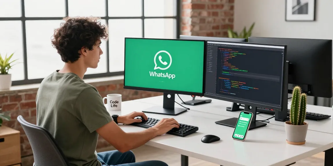 Developer coding at a modern workspace focused on WhatsApp下載, with tech gear and natural light.
