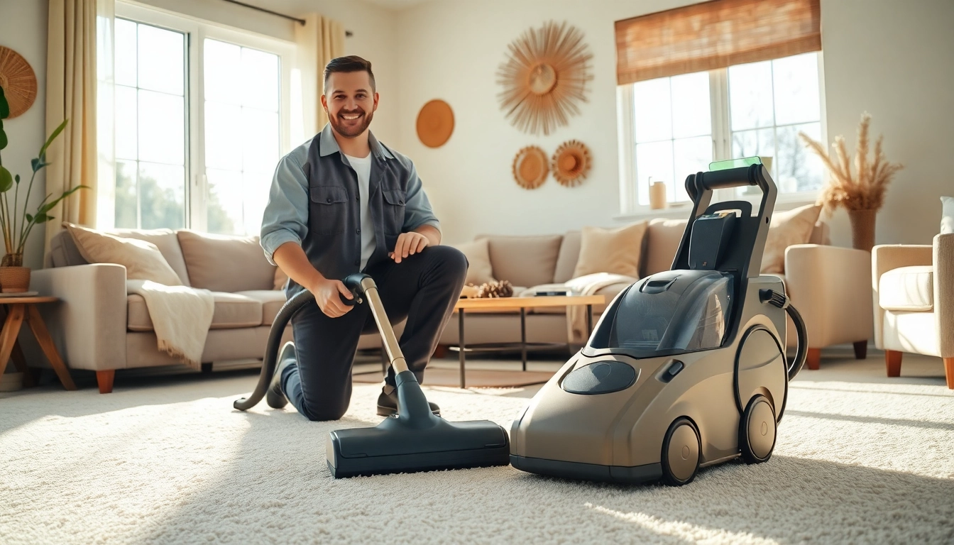 Carpet cleaners Roseville CA providing professional cleaning in a bright living room.