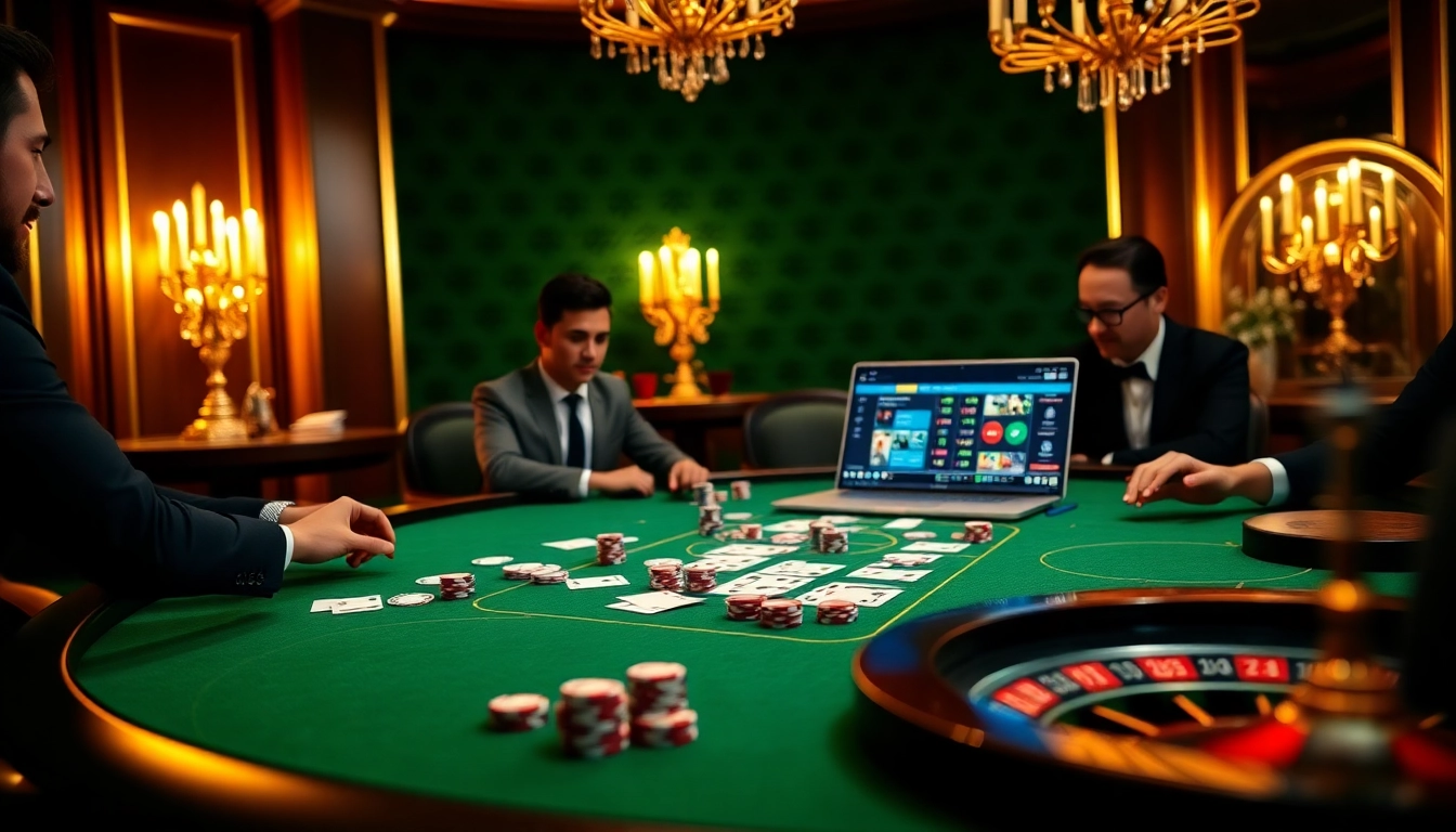 Joueurs engagés en train de stratégiquement jouer à une table de poker de casino en ligne luxueuse avec des graphismes vibrants.